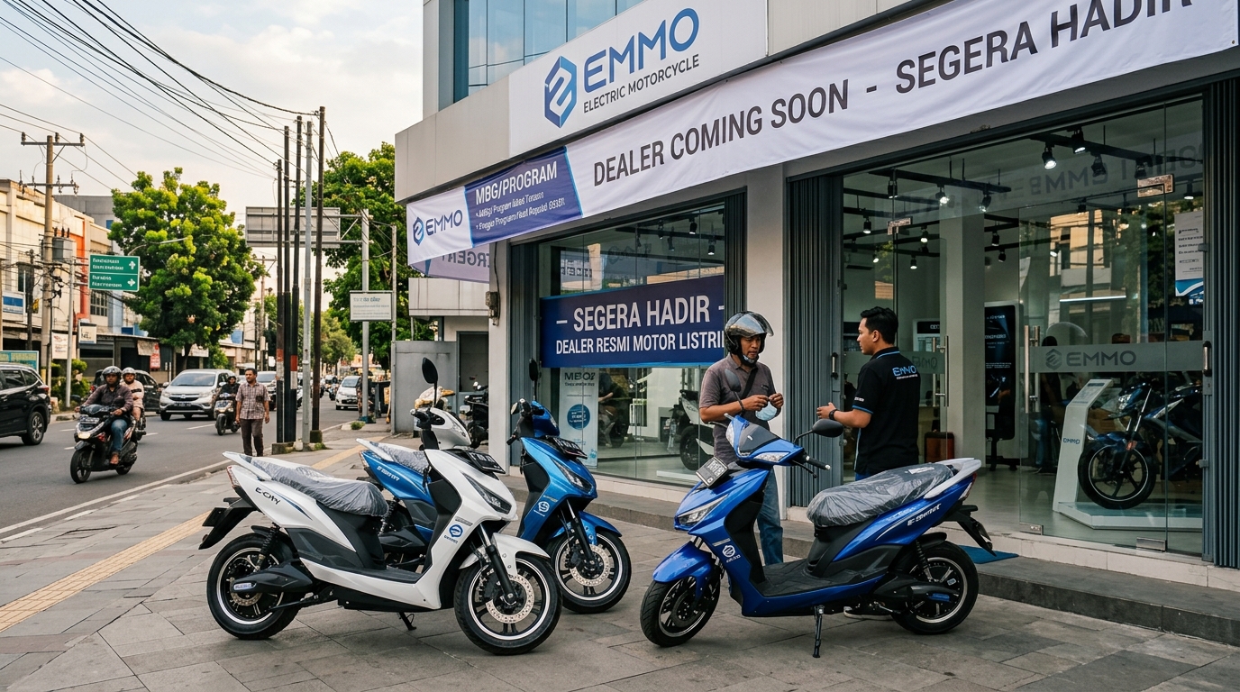 Close up of an Emmo electric motorcycle logo and charging port representing new EV market entry in Indonesia.