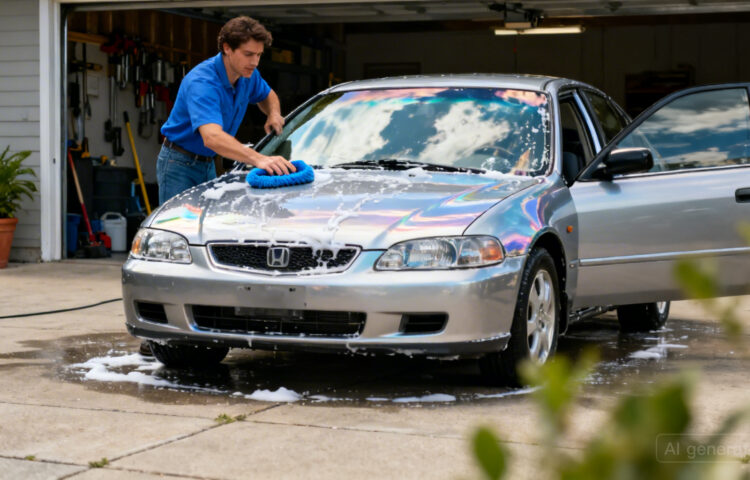 Ilustrasi seseorang sedang mencuci mobil merah dengan benar menggunakan busa dan kain microfiber untuk menjaga cat tetap awet...