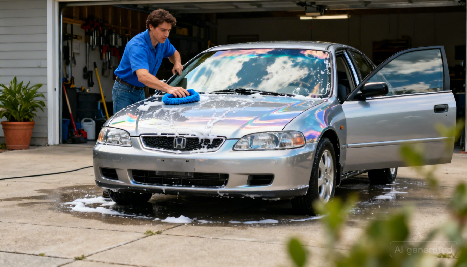 Ilustrasi seseorang sedang mencuci mobil merah dengan benar menggunakan busa dan kain microfiber untuk menjaga cat tetap awet...