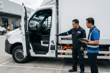 Close-up of electric commercial vehicle safety dashboard and sensors representing fitur keselamatan kendaraan listrik.