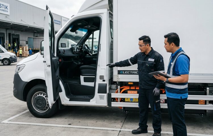 Close-up of electric commercial vehicle safety dashboard and sensors representing fitur keselamatan kendaraan listrik.