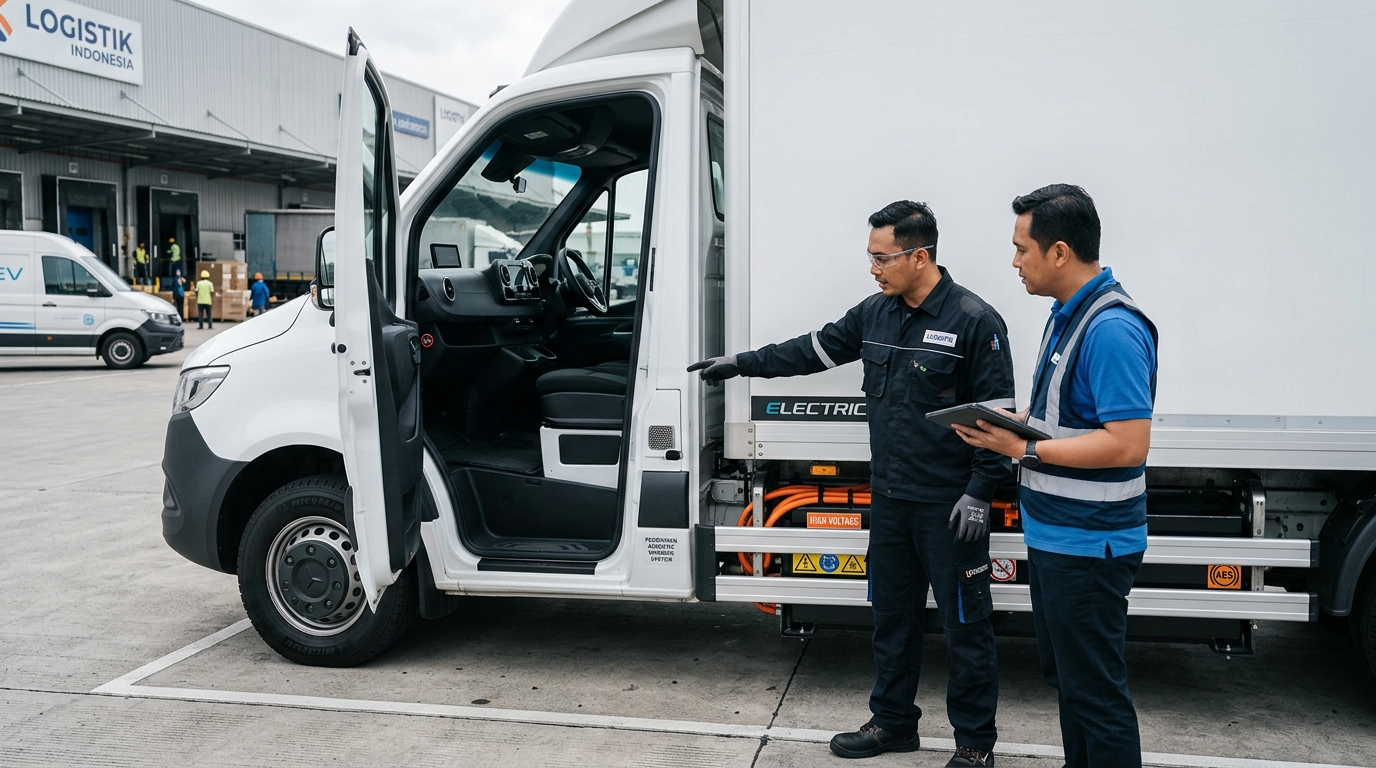 Close-up of electric commercial vehicle safety dashboard and sensors representing fitur keselamatan kendaraan listrik.