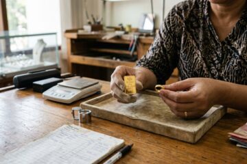 Tumpukan koin emas batangan yang berkilau di atas meja kayu untuk informasi harga emas hari ini.