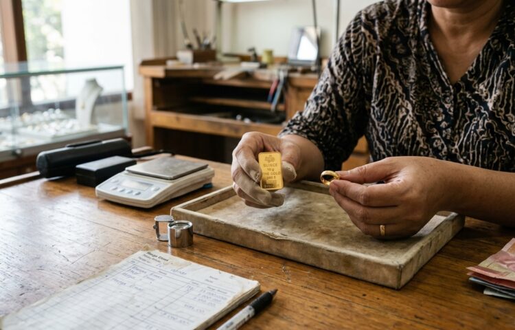 Tumpukan koin emas batangan yang berkilau di atas meja kayu untuk informasi harga emas hari ini.