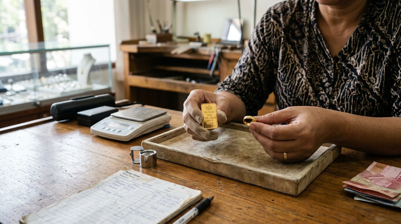 Tumpukan koin emas batangan yang berkilau di atas meja kayu untuk informasi harga emas hari ini.