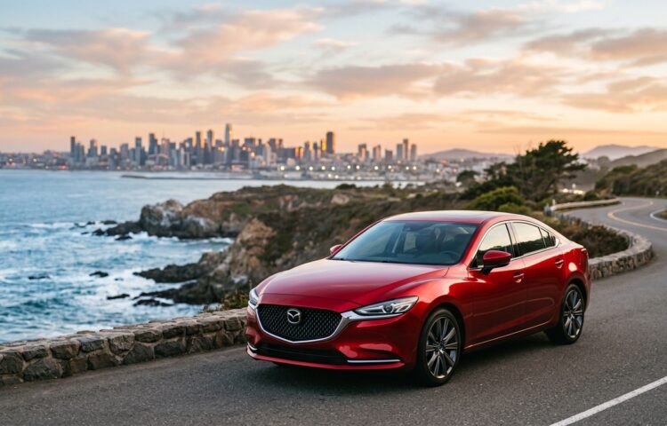 Mazda 6e berpose elegan di studio, mobil yang memenangkan penghargaan desain mobil dunia tahun ini.