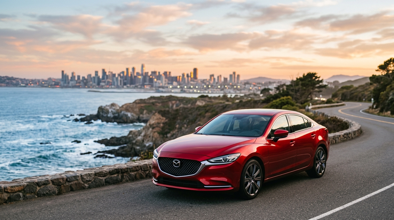 Mazda 6e berpose elegan di studio, mobil yang memenangkan penghargaan desain mobil dunia tahun ini.
