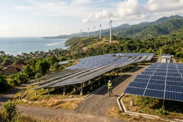 Pemandangan ladang panel surya dan turbin angin di lanskap tropis Indonesia untuk transisi energi terbarukan.