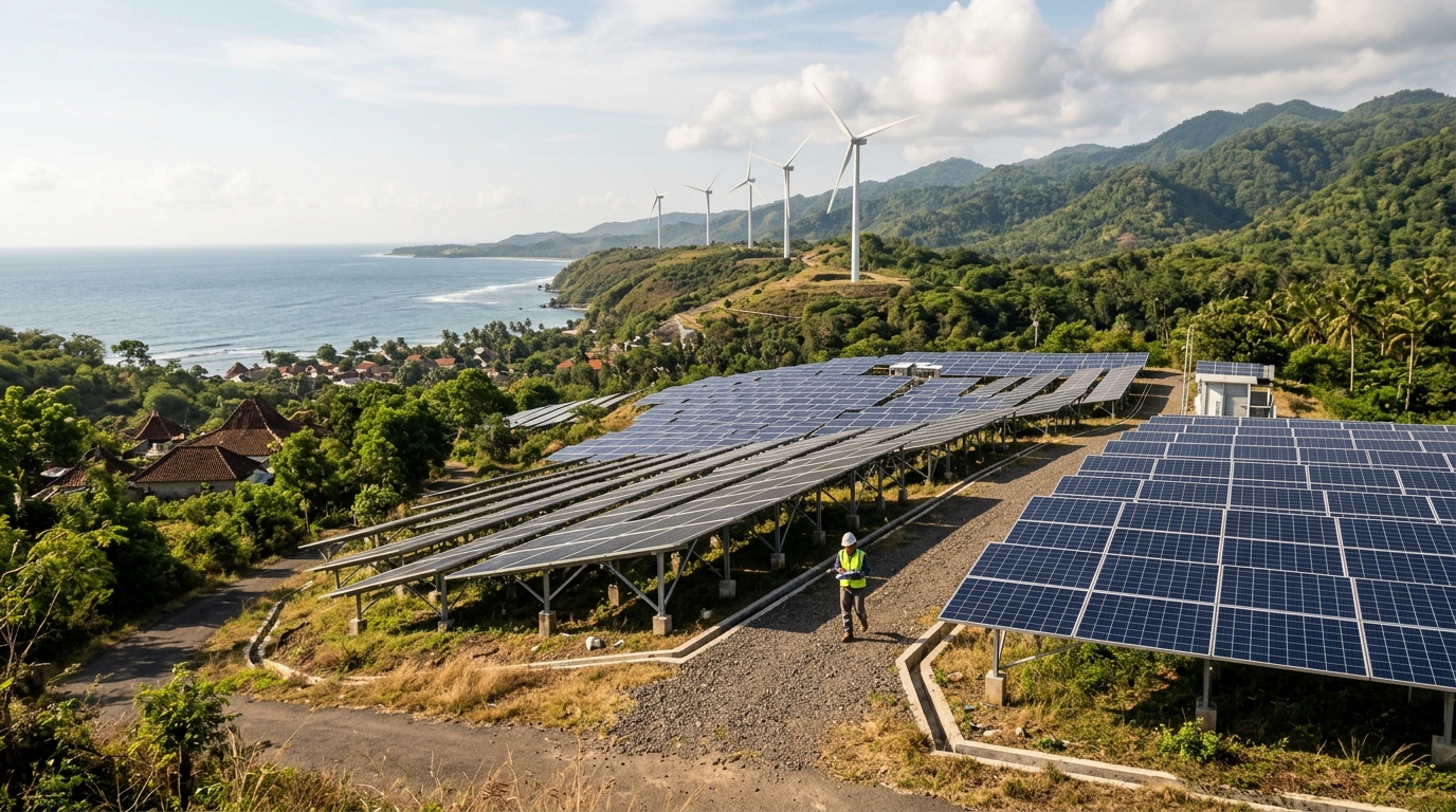 Pemandangan ladang panel surya dan turbin angin di lanskap tropis Indonesia untuk transisi energi terbarukan.