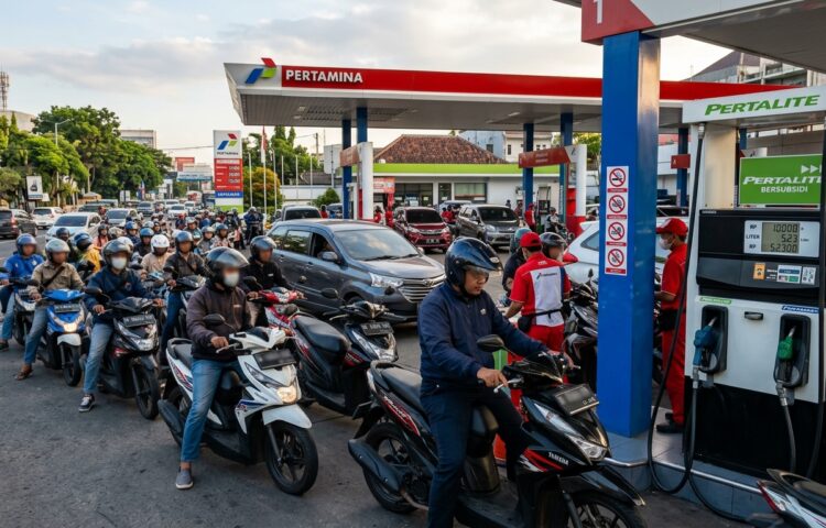 Grafik garis tren proyeksi stabilitas harga bahan bakar minyak bersubsidi di Indonesia dari tahun 2024 hingga 2026.