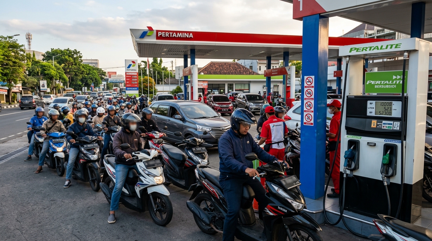 Grafik garis tren proyeksi stabilitas harga bahan bakar minyak bersubsidi di Indonesia dari tahun 2024 hingga 2026.