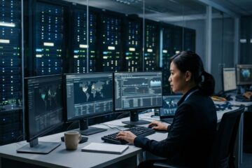 Ilustrasi perisai digital melindungi server data sebagai penerapan standar keamanan digital untuk aset perusahaan.