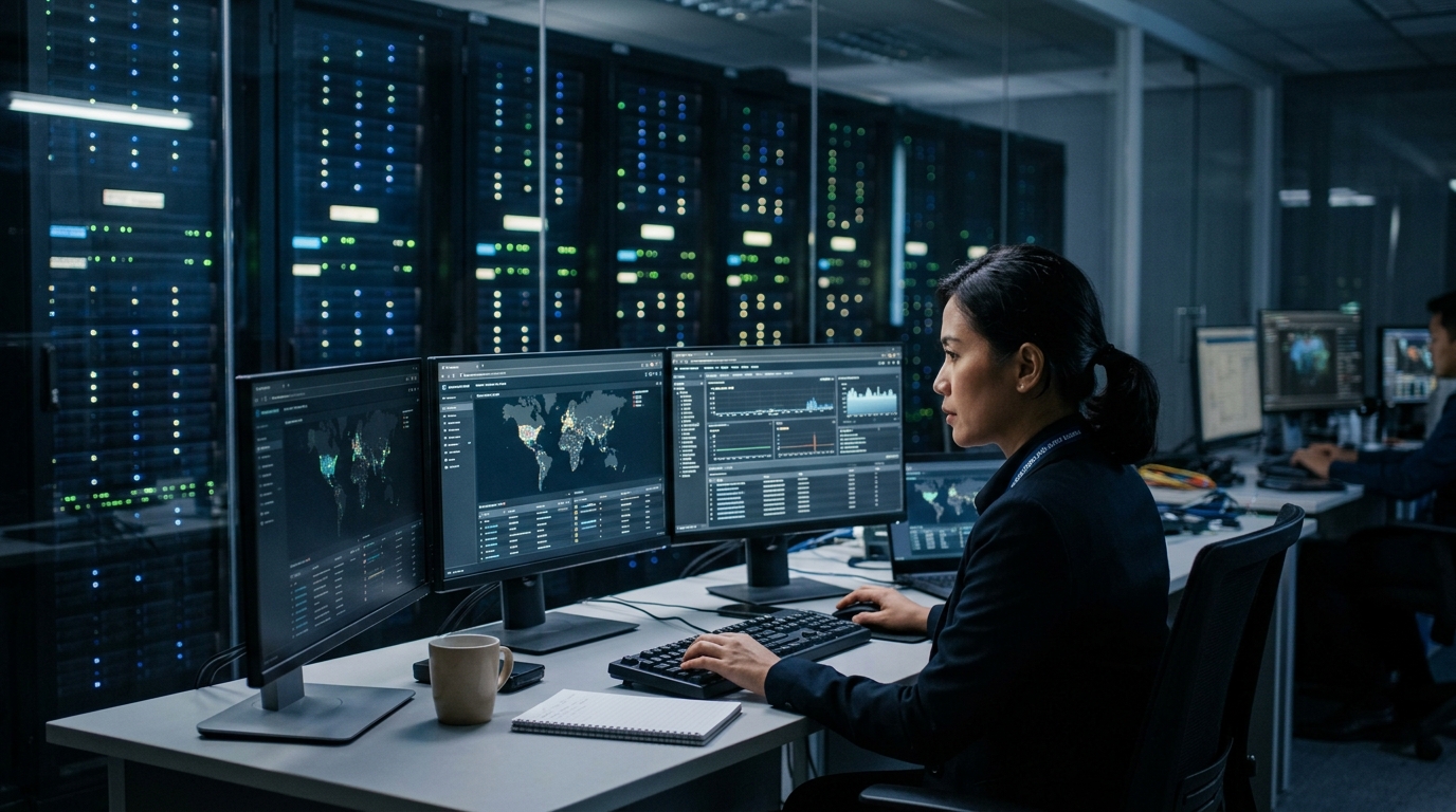 Ilustrasi perisai digital melindungi server data sebagai penerapan standar keamanan digital untuk aset perusahaan.