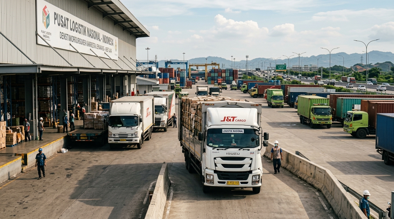 Deretan truk logistik modern beroperasi di jalan raya untuk mendukung industri kendaraan komersial Indonesia.
